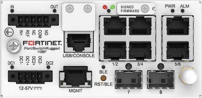 Fortinet FortiSwitch Rugged-108F FSR-108F switch with black ports on gray panel