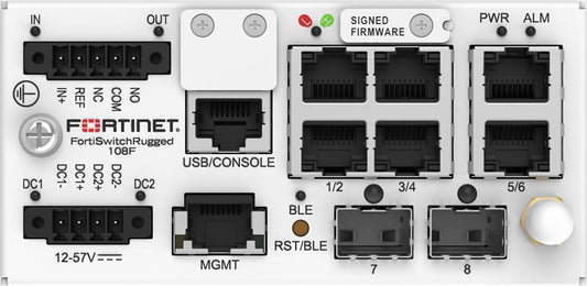 Fortinet FortiSwitch Rugged-108F FSR-108F switch with black ports on gray panel