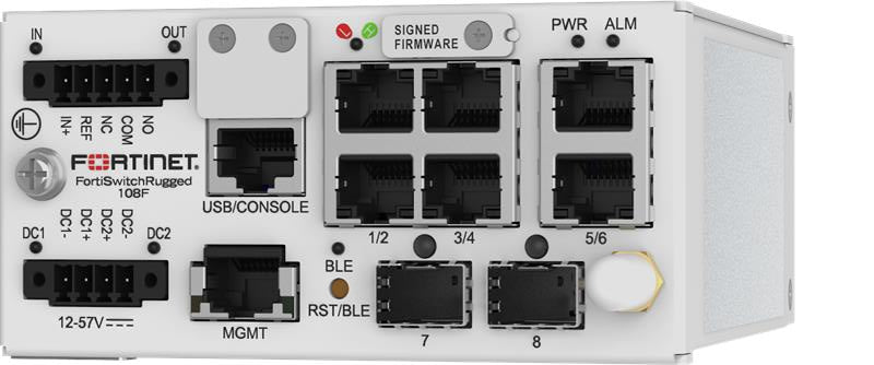 White Fortinet FortiSwitch Rugged 108F FSR-108F switch with black ports
