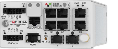 White Fortinet FortiSwitch Rugged 108F FSR-108F switch with black ports