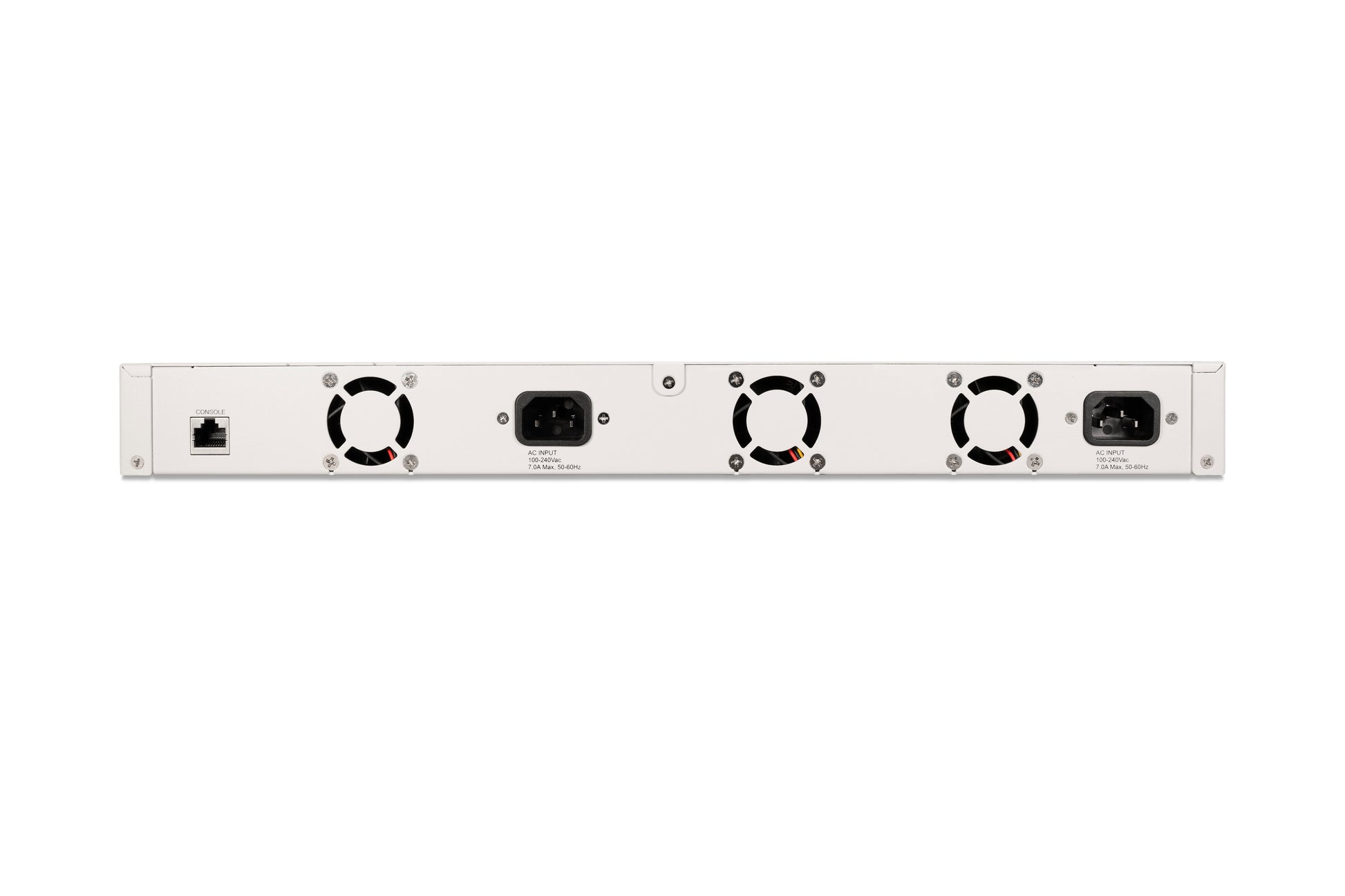 Back of Fortinet FortiSwitch-M426E with 4 fans and 2 power ports