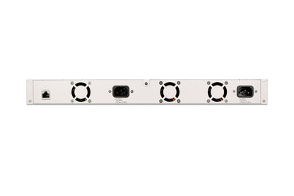 Back of Fortinet FortiSwitch-M426E with 4 fans and 2 power ports