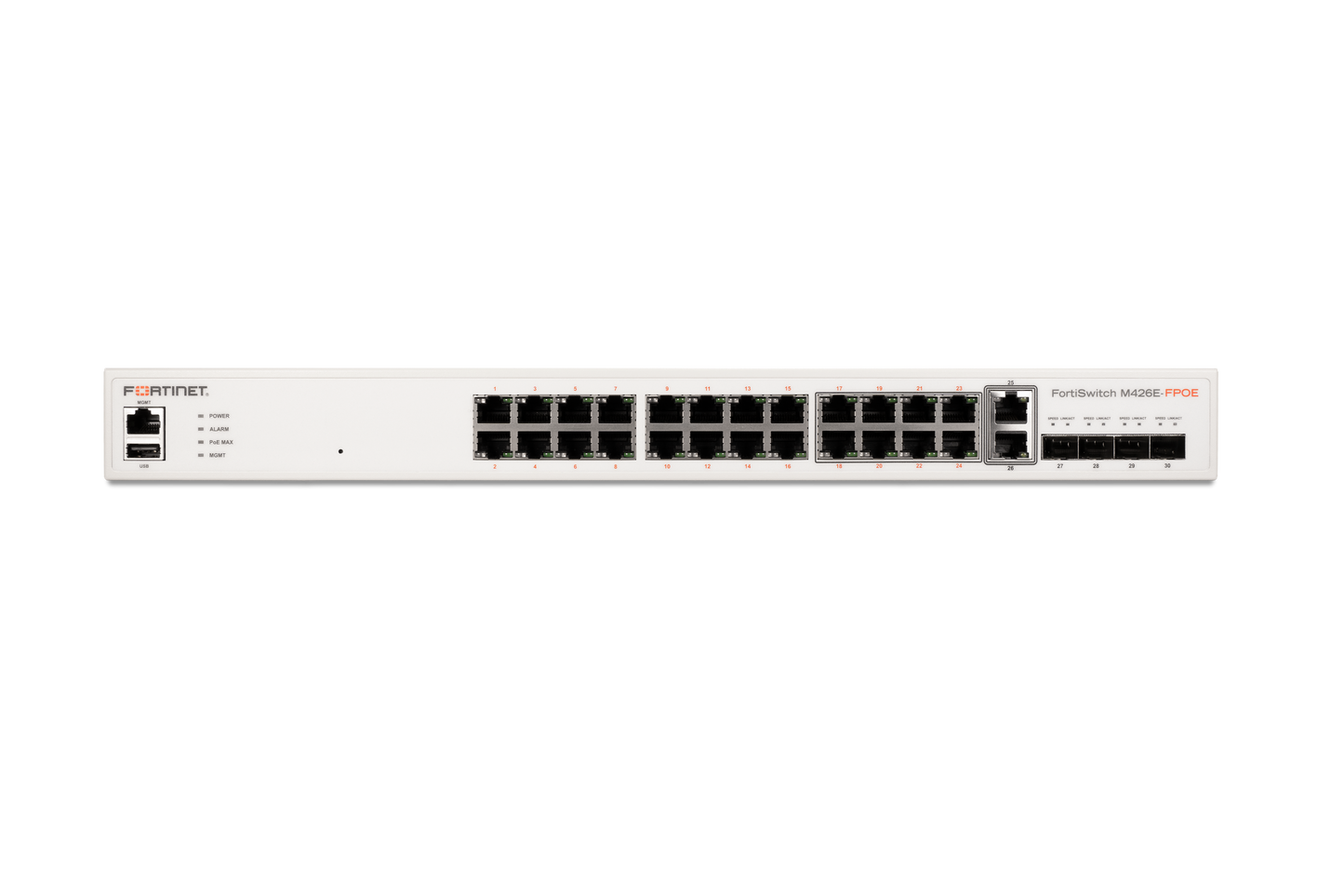 White Fortinet FortiSwitch FS-M426E-FPOE network switch with orange branding