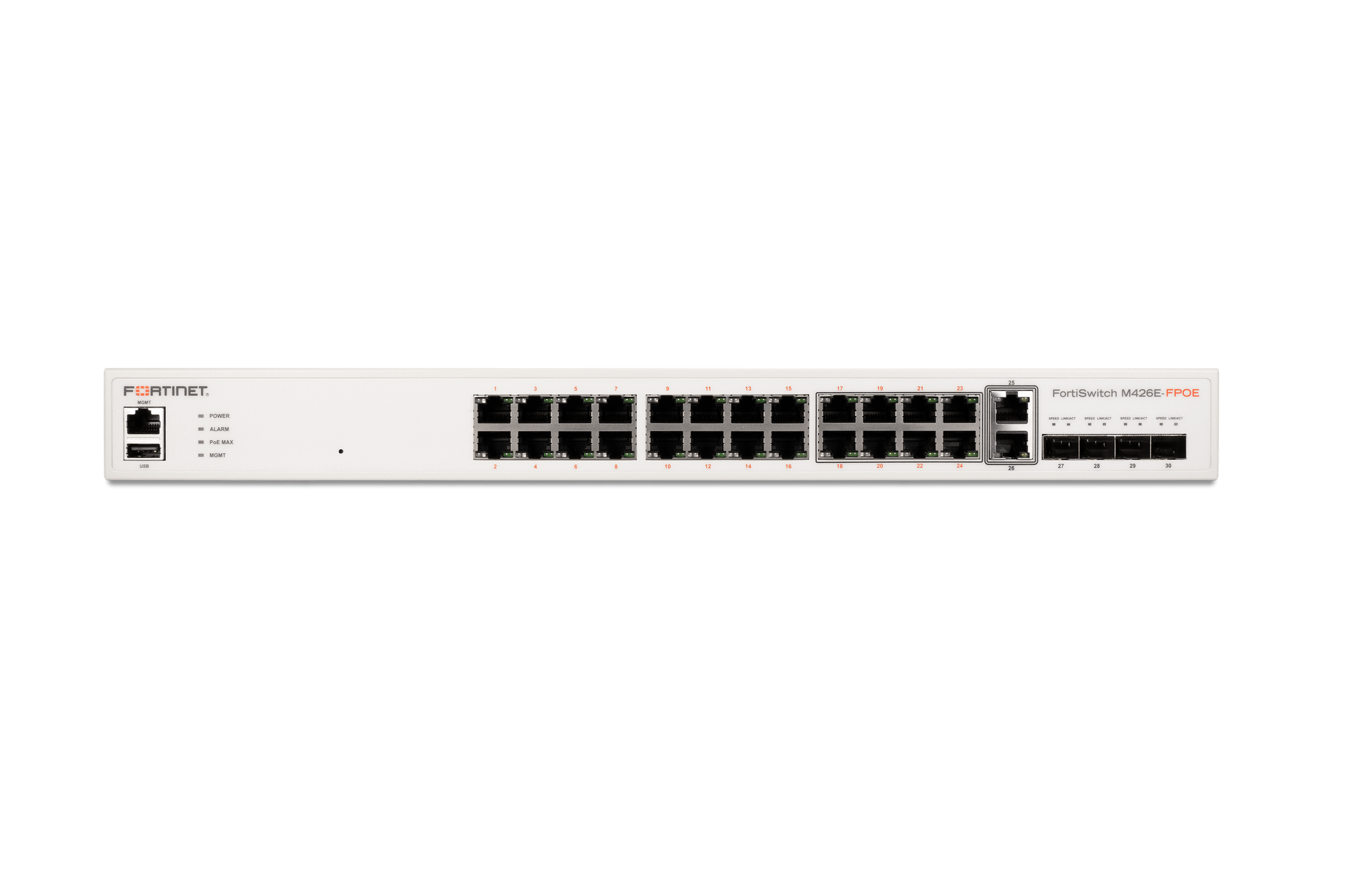 White Fortinet FortiSwitch FS-M426E-FPOE network switch with orange branding