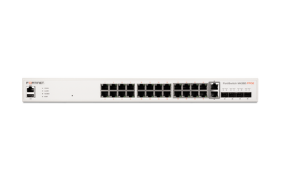 White Fortinet FortiSwitch FS-M426E-FPOE network switch with orange branding