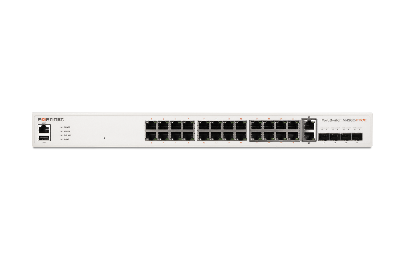 White Fortinet FortiSwitch M426E Ethernet switch with black ports, red branding