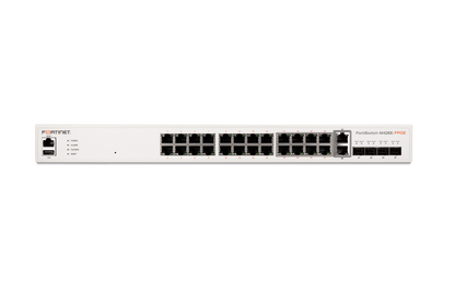 White Fortinet FortiSwitch M426E Ethernet switch with black ports, red branding