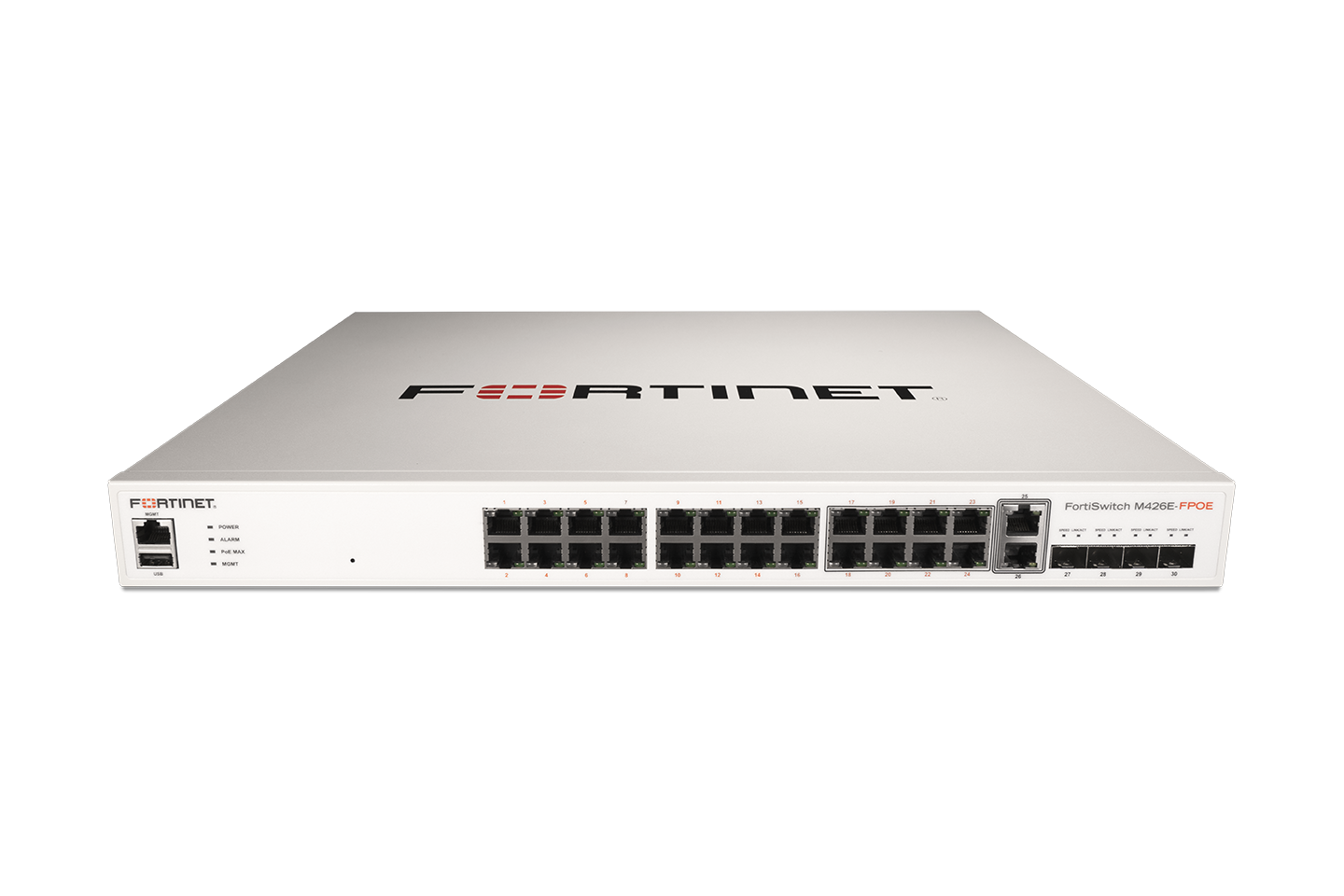 White Fortinet FortiSwitch M426E-FPOE network switch with Ethernet ports