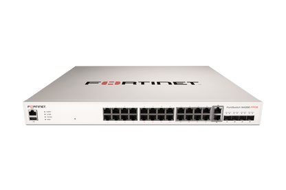 White Fortinet FortiSwitch M426E-FPOE network switch with Ethernet ports