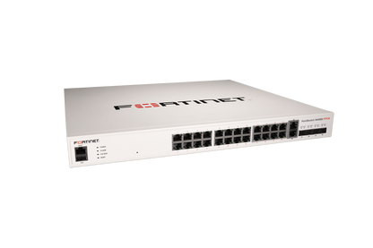White Fortinet FortiGate M702F firewall with Ethernet ports, sleek design