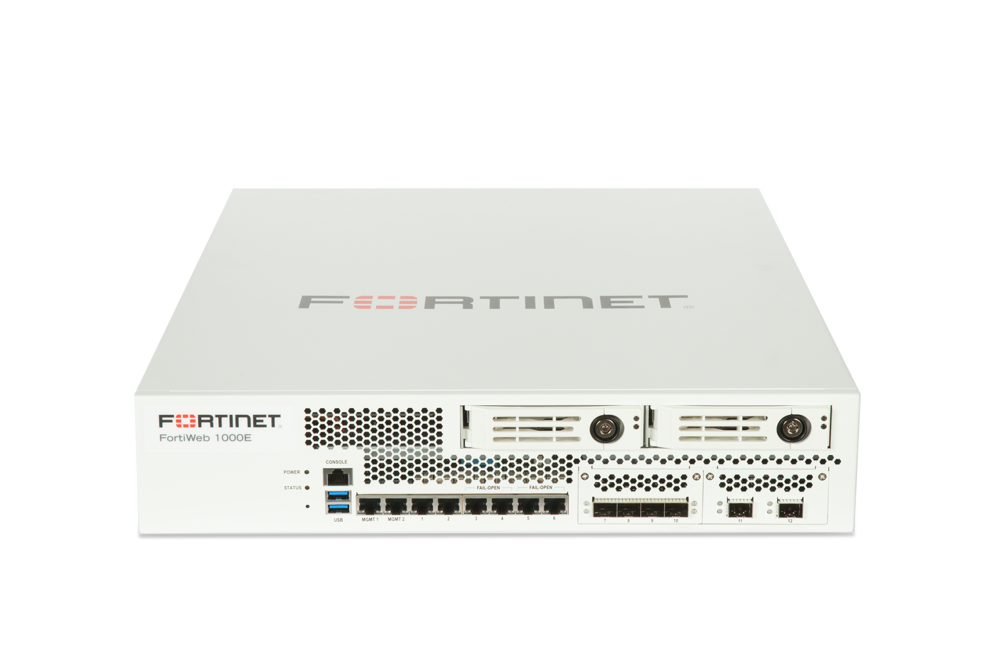 White Fortinet FortiWeb-1000E firewall with ports and dual AC power