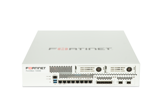 White Fortinet FortiWeb-1000E firewall with ports and dual AC power