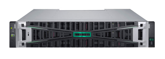 Silver and black hpe msa 2070 16gb fibre channel lff storage array with green accent stripe front panel 2u 12-bay