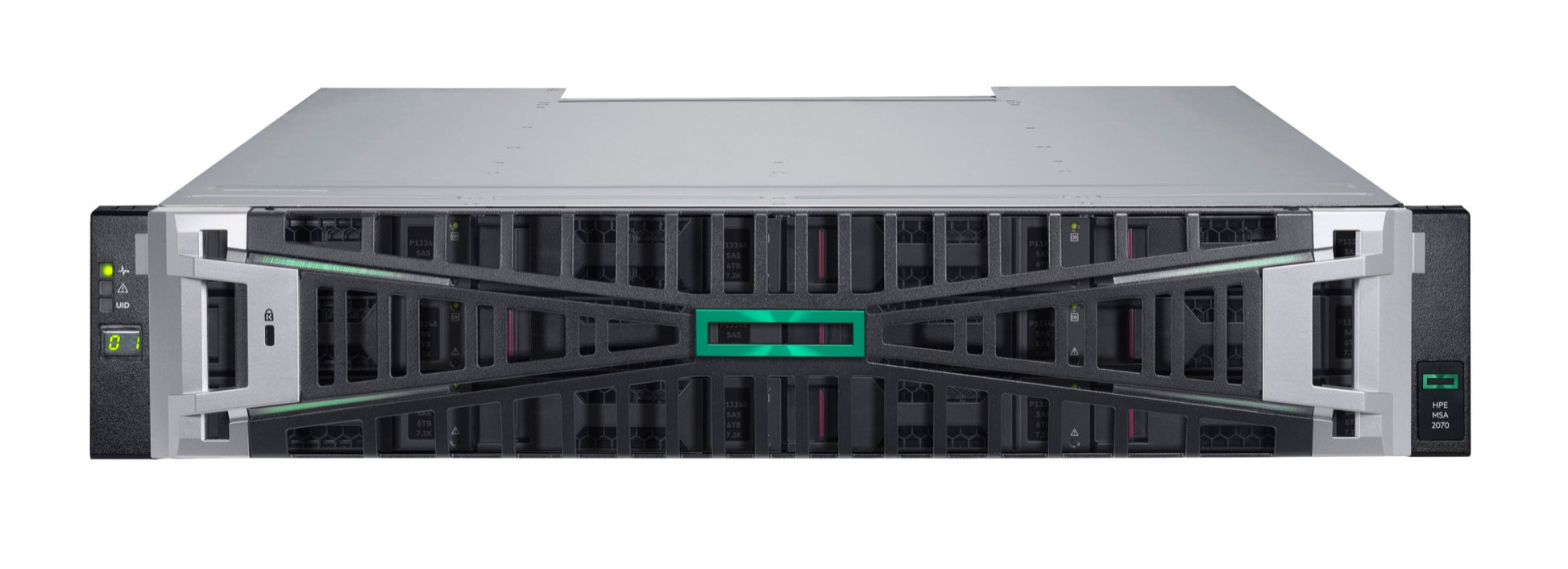 Silver and black HPE MSA 2070 LFF storage array server rack with green accent stripe and dual 12Gb SAS controllers