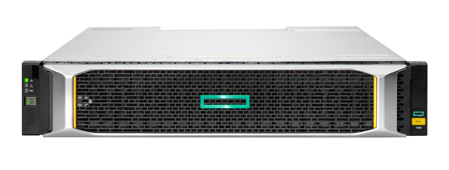 Silver and black hpe msa 1060 2u sff storage array server rack with teal logo panel and 24 bays no drives