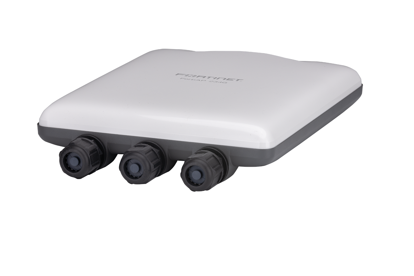 Fortinet FAP-234G-N outdoor Wi-Fi 6E access point, white/gray with 3 black connectors