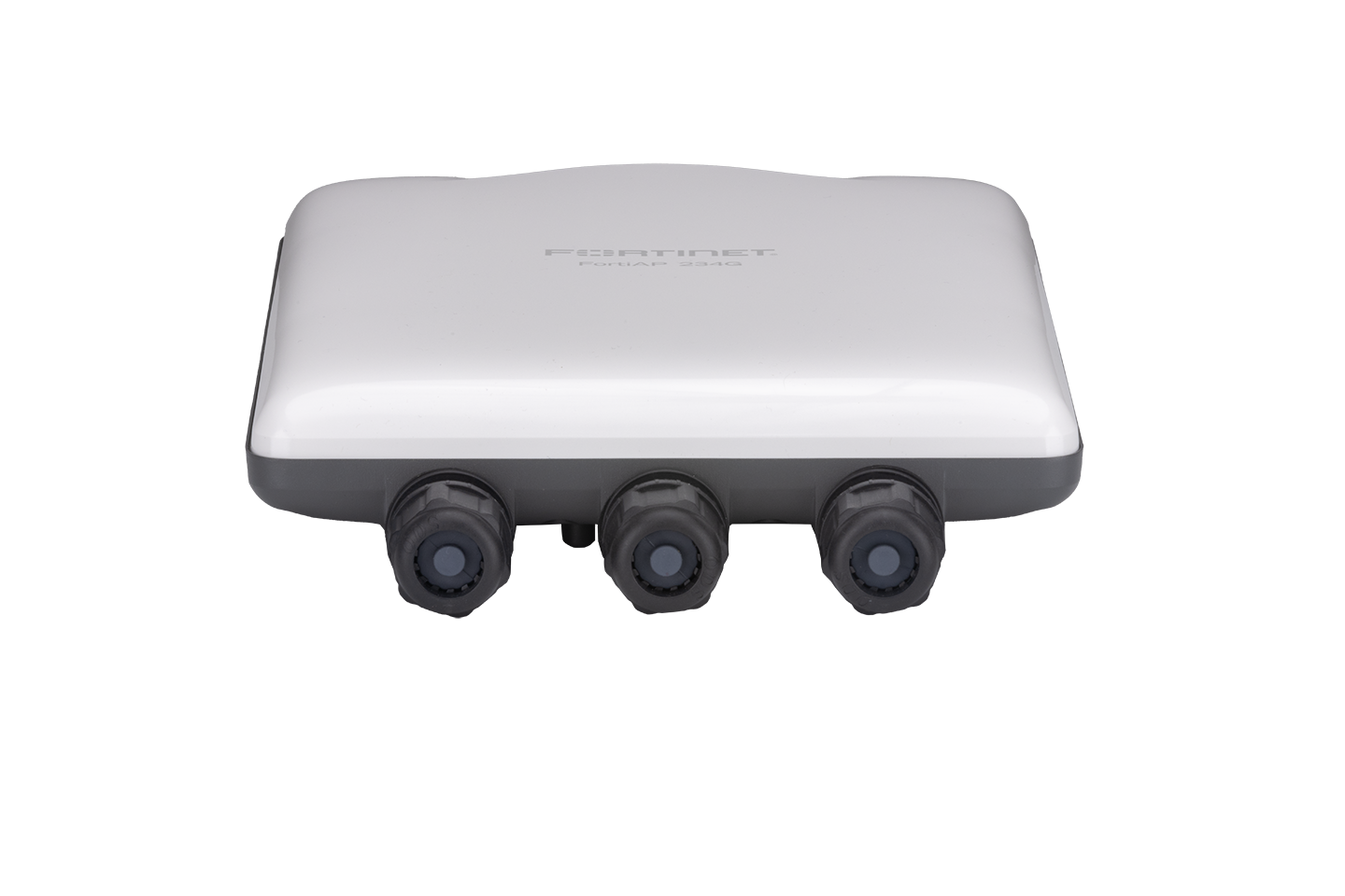 Back of white Fortinet FAP-234G-N outdoor Wi-Fi 6E AP with 3 black ports