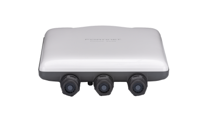 Back of white Fortinet FAP-234G-N outdoor Wi-Fi 6E AP with 3 black ports