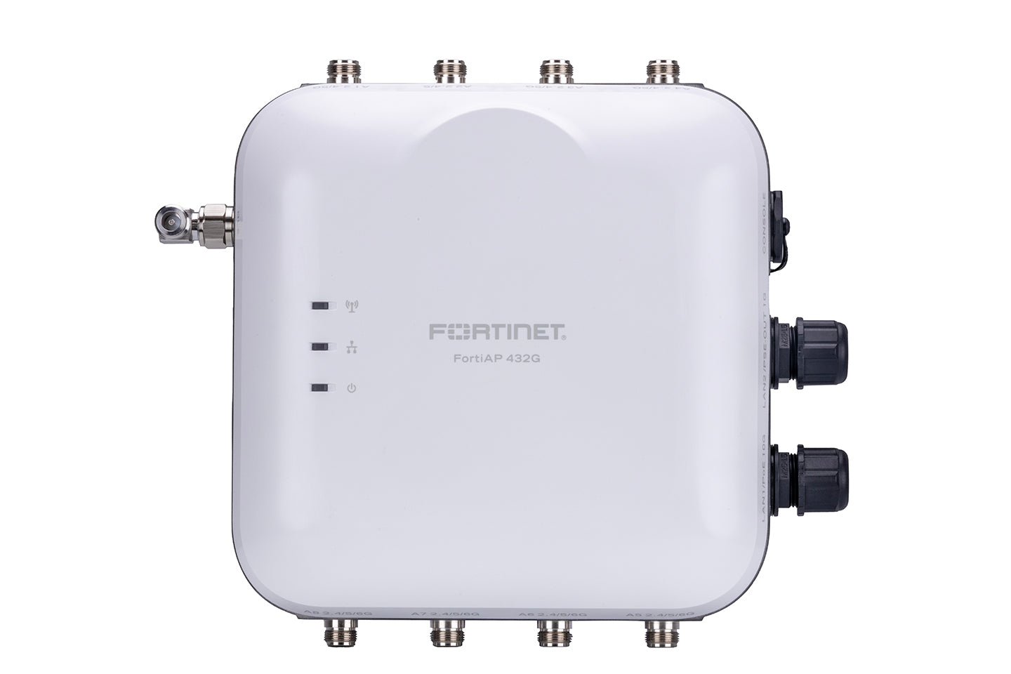 White Fortinet FortiAP-432G outdoor Wi-Fi 6E access point, rectangular design with ports