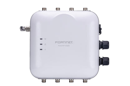 White Fortinet FortiAP-432G outdoor Wi-Fi 6E access point, rectangular design with ports