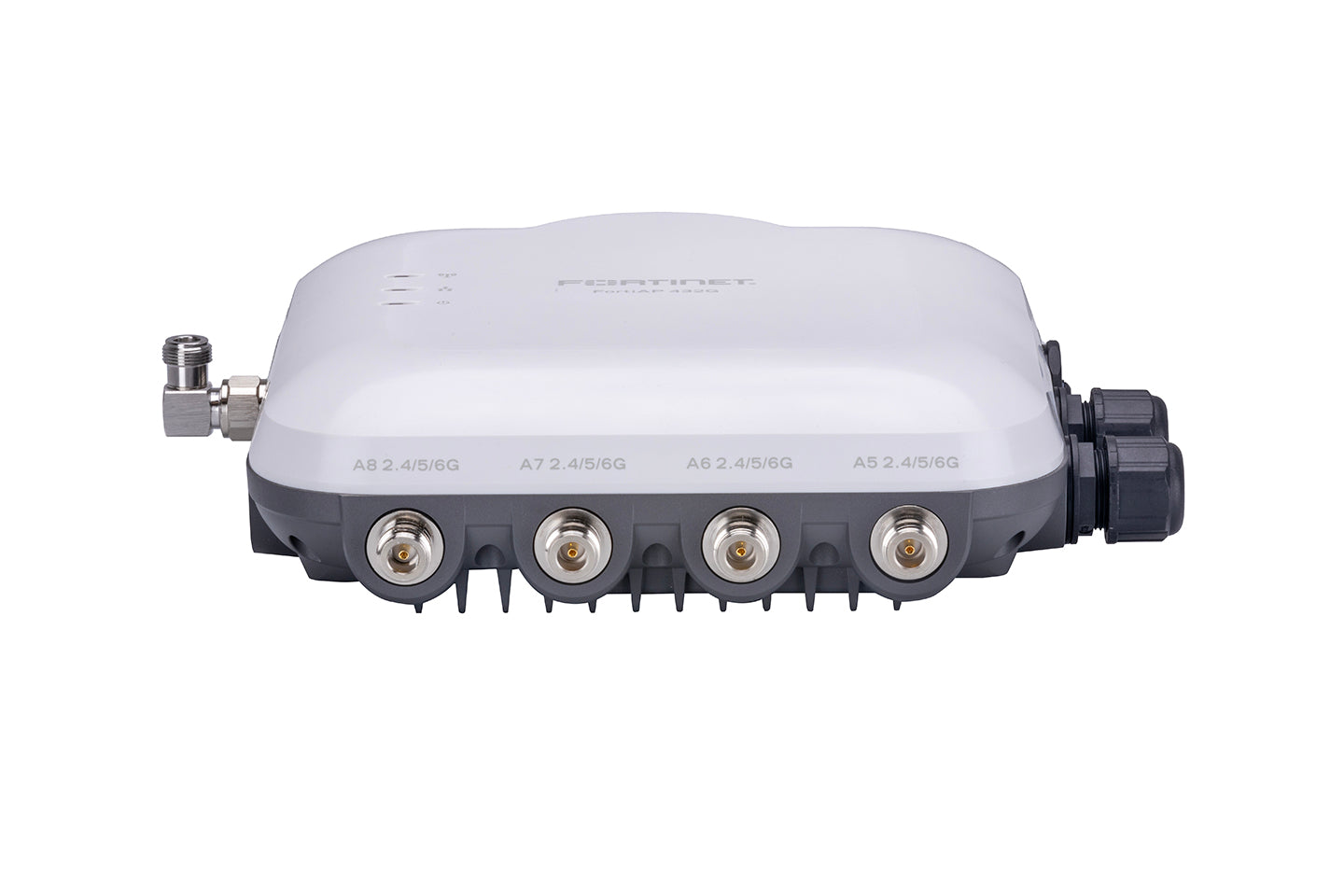 Back of Fortinet FortiAP-432G-N outdoor Wi-Fi 6E AP with antenna ports