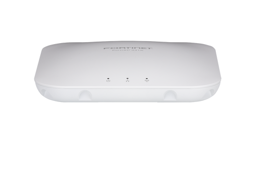 White Fortinet AP-605 access point with front panel indicator lights