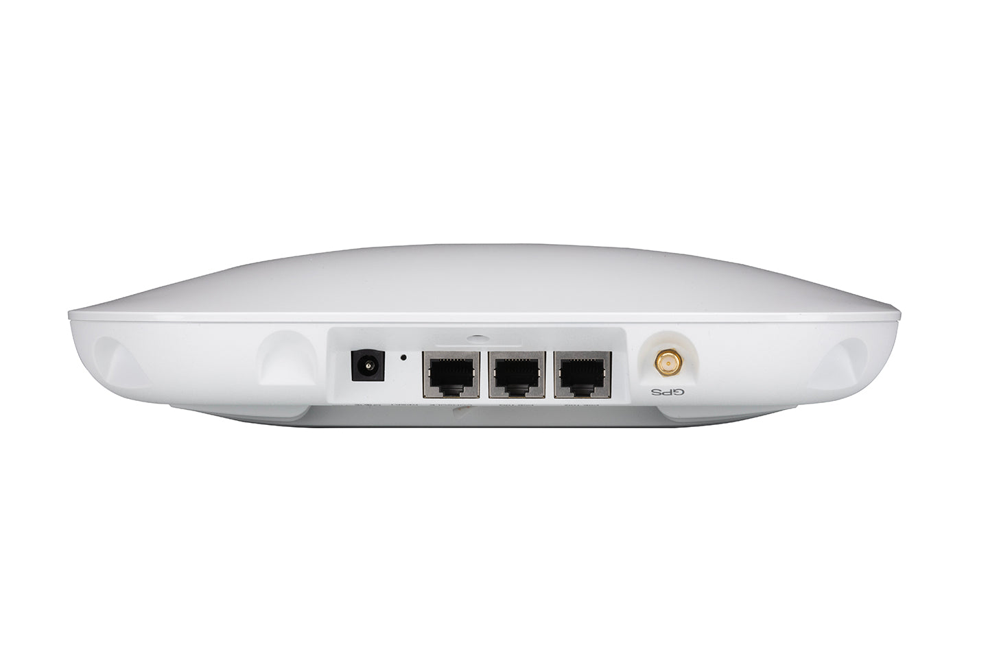 White sleek dome-shaped fortinet fap-hd-441k-h wi-fi 7 tri-band indoor access point backside with ethernet ports and power jack