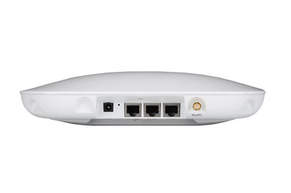 White sleek dome-shaped fortinet fap-hd-441k-h wi-fi 7 tri-band indoor access point backside with ethernet ports and power jack
