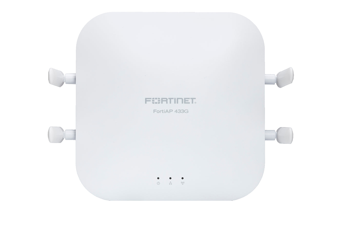 White Fortinet FortiAP 433G Wi-Fi 6E access point with 4 external antennas