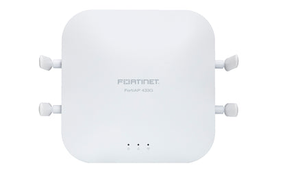 White Fortinet FortiAP 433G Wi-Fi 6E access point with 4 external antennas