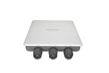 Back of white Fortinet FortiAP-234F-N outdoor wireless AP with 3 gray Ethernet ports