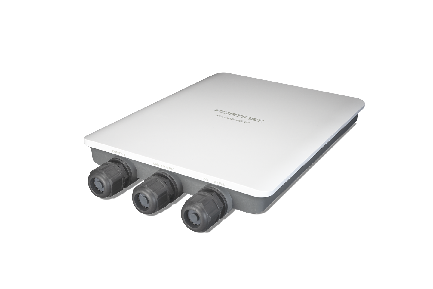 Back of white Fortinet FAP-234F-N FortiAP-234F with 3 gray ports