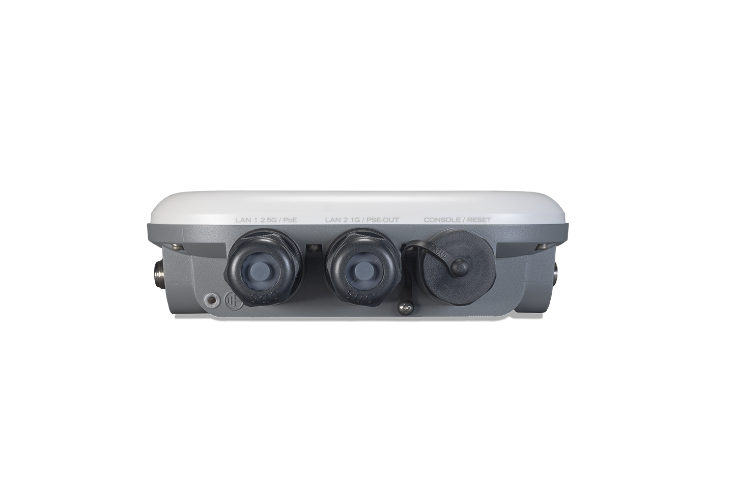 Back of gray Fortinet FAP-432F-N outdoor access point with 3 ports and rotary dial