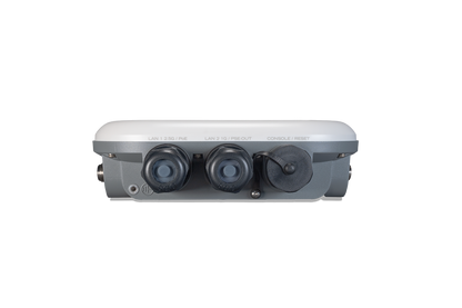 Back of gray Fortinet FAP-432F-N outdoor access point with 3 ports and rotary dial