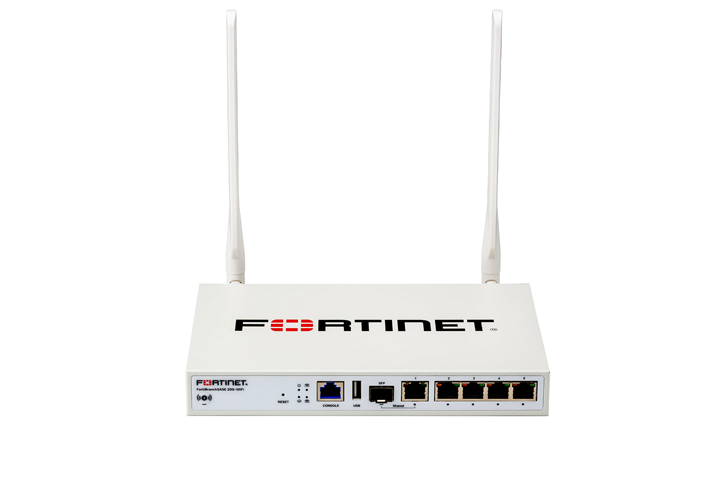 White Fortinet FortiGate-60E firewall with antennas, ports, FBS-20G-WIFI-N