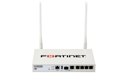 White Fortinet FortiGate-60E firewall with antennas, ports, FBS-20G-WIFI-N