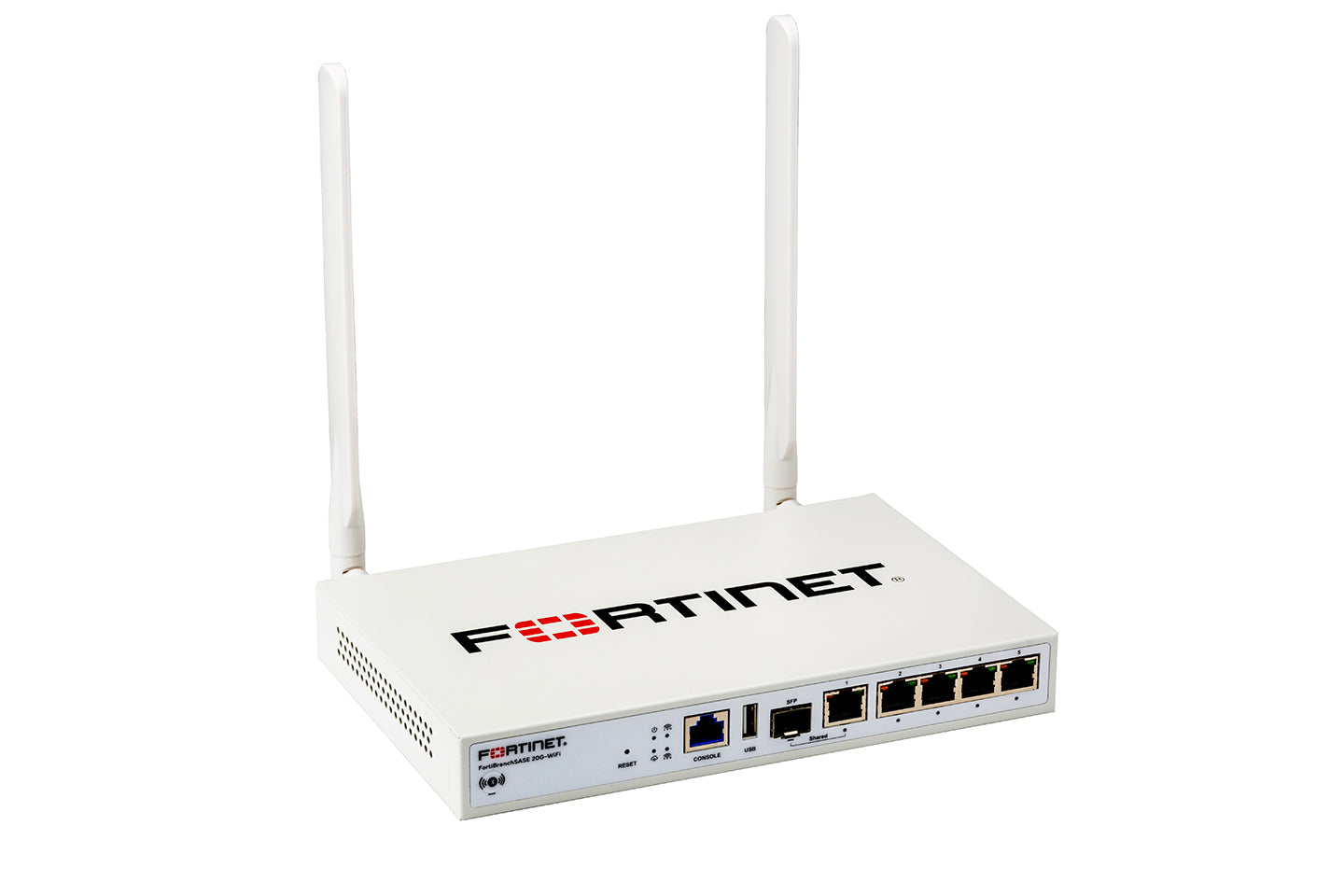 White Fortinet FortiGate-60E with antennas, ports, for FBS-20G-WIFI-N
