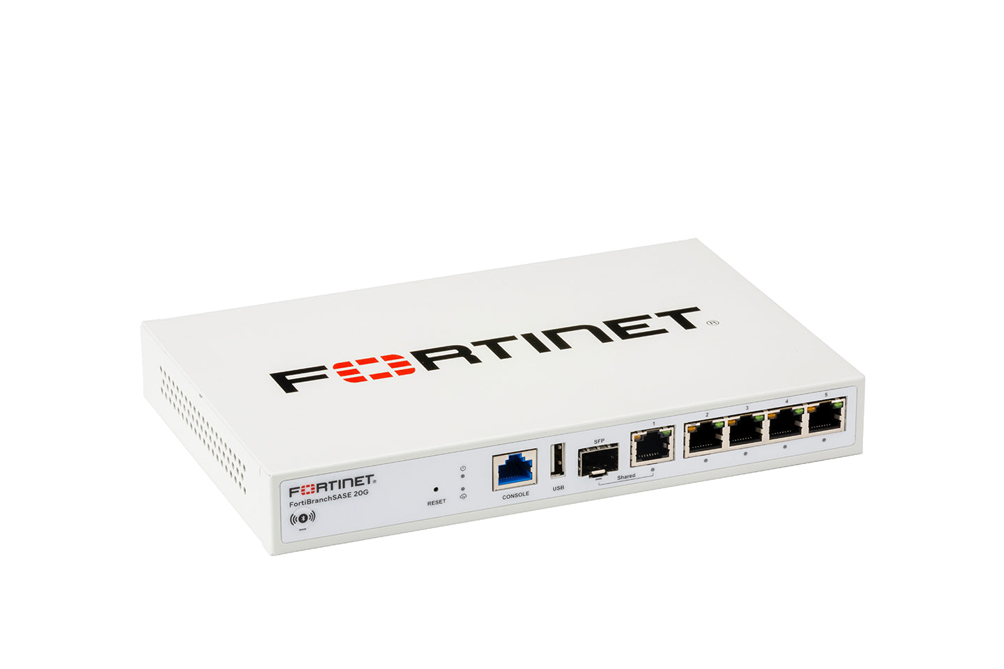 White Fortinet SSG-270 firewall with Ethernet ports and USB, FBS-20G model