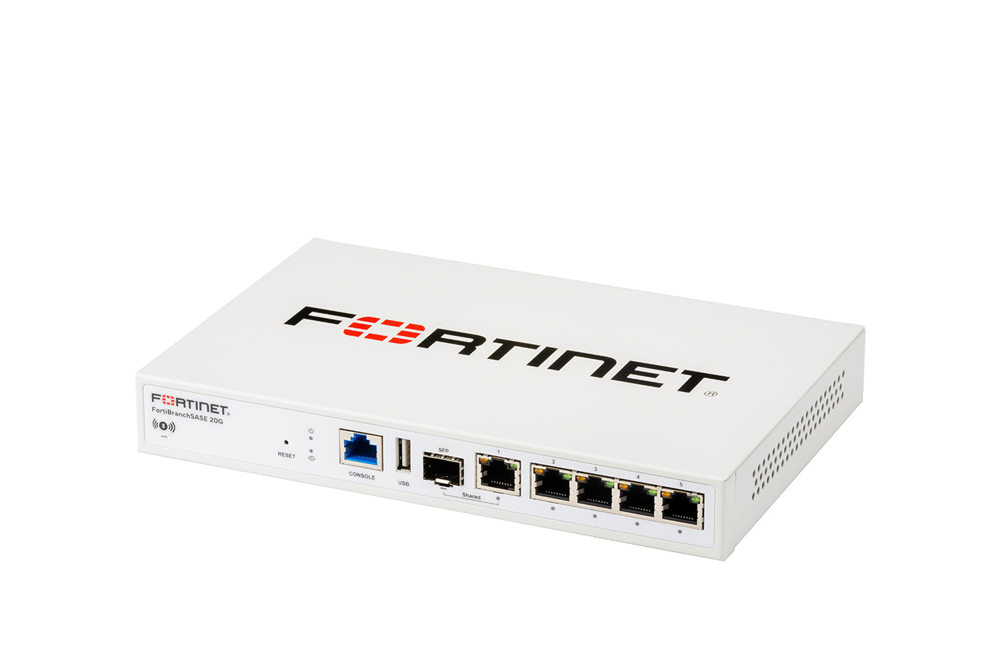 White Fortinet FortiGate-60E with Ethernet and USB ports, FortiBranchSASE-20G