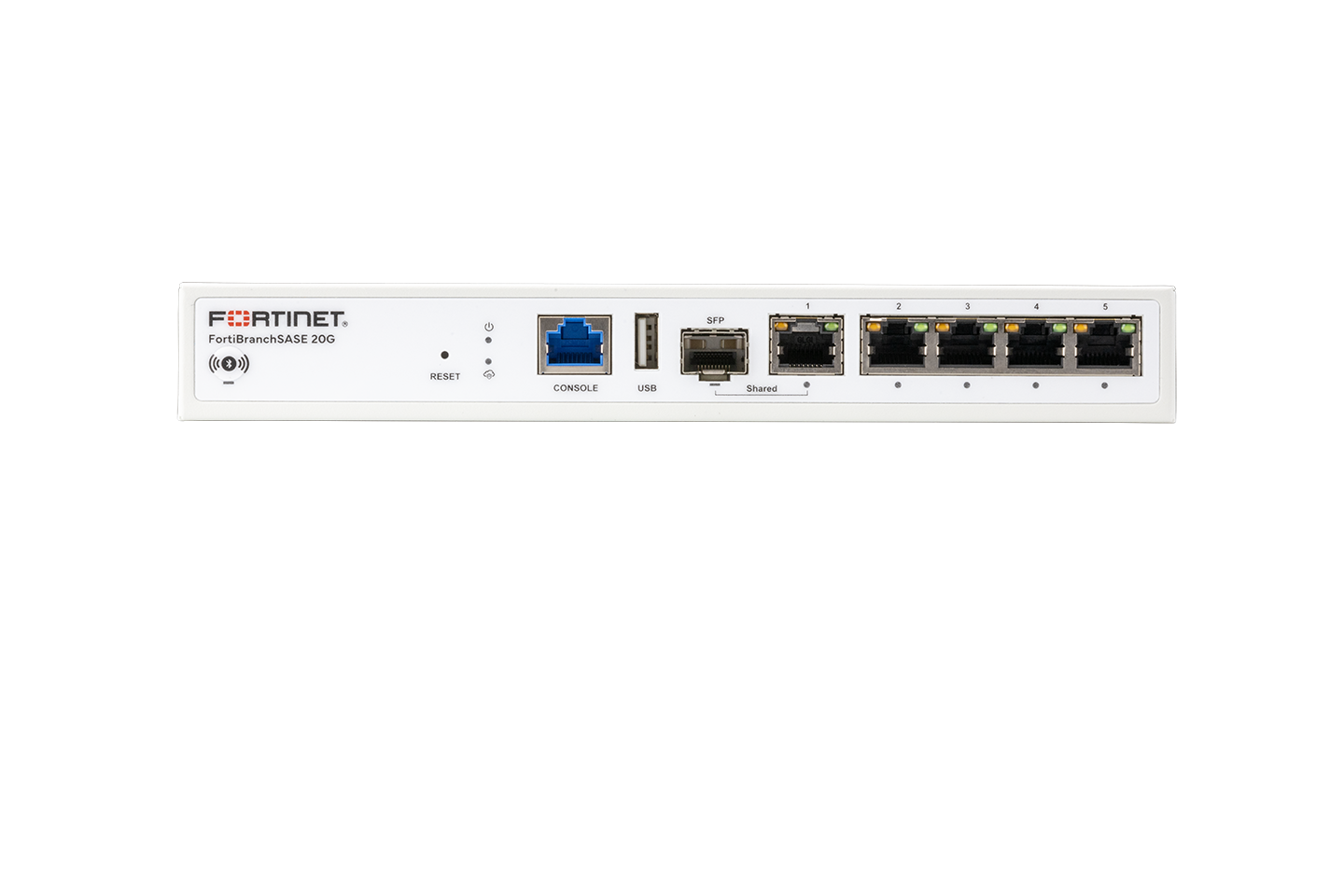 White Fortinet FortiBranch SASE-20G FBS-20G appliance with Ethernet and USB ports
