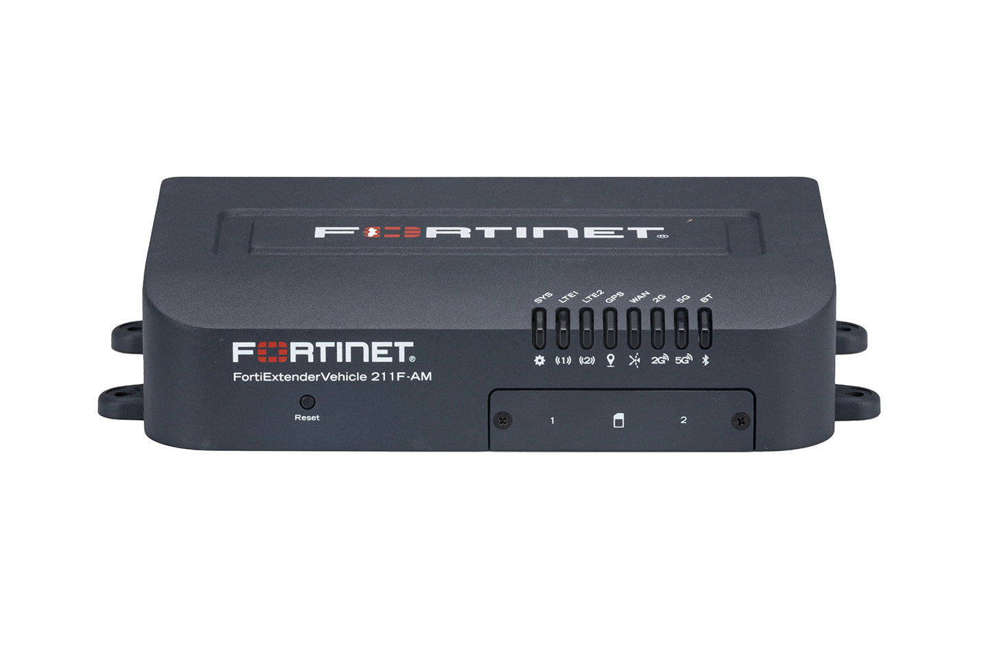 Black Fortinet FortiExtenderVehicle 211F-AM LTE router with lights