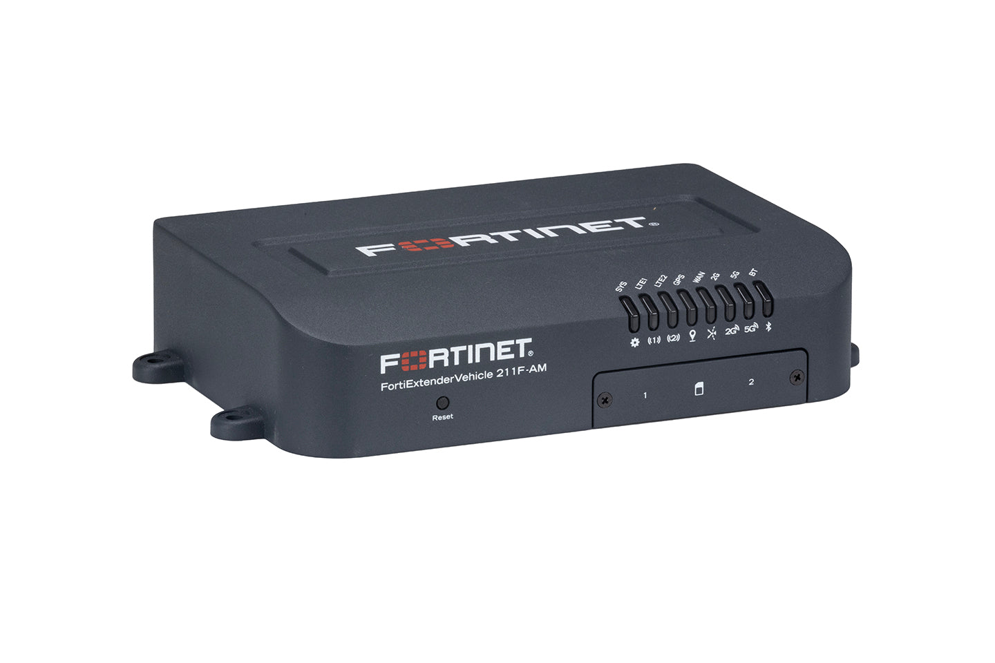 Dark gray Fortinet FortiExtenderVehicle 211F-AM LTE router with indicator lights