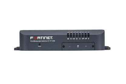 Dark gray Fortinet FortiExtenderVehicle 211F-AM LTE router with indicator lights