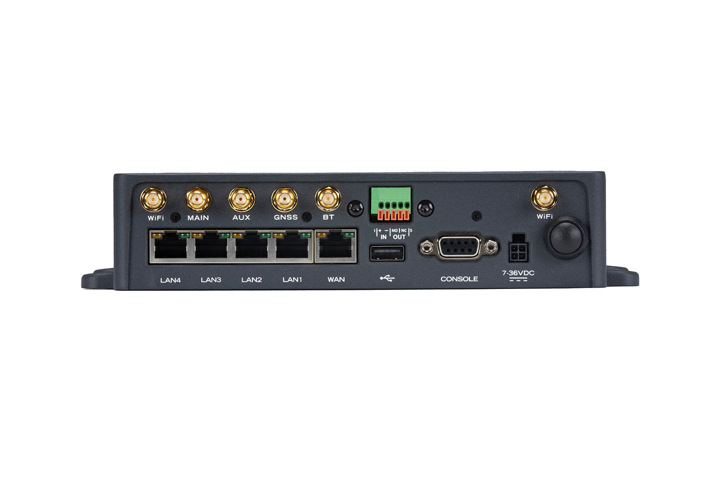 Fortinet FEV-211F-N back view with gold connectors, LAN WAN WiFi ports, 7-36VDC input