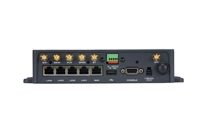 Fortinet FEV-211F-N back view with gold connectors, LAN WAN WiFi ports, 7-36VDC input
