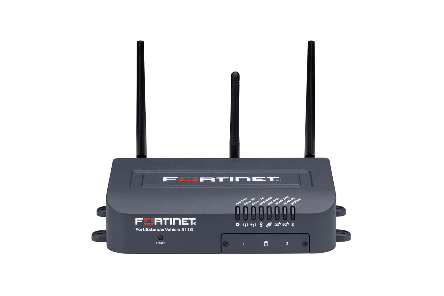 Dark gray Fortinet FortiExtenderVehicle-511G router with antennas and lights