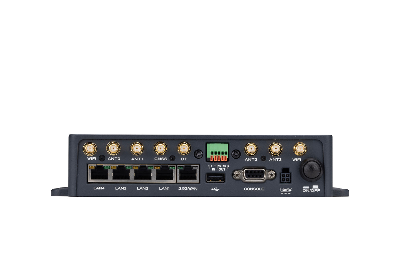 Fortinet FortiExtenderVehicle-511G black rugged 5G WAN router with gold antenna ports