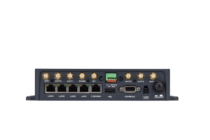 Fortinet FortiExtenderVehicle-511G black rugged 5G WAN router with gold antenna ports