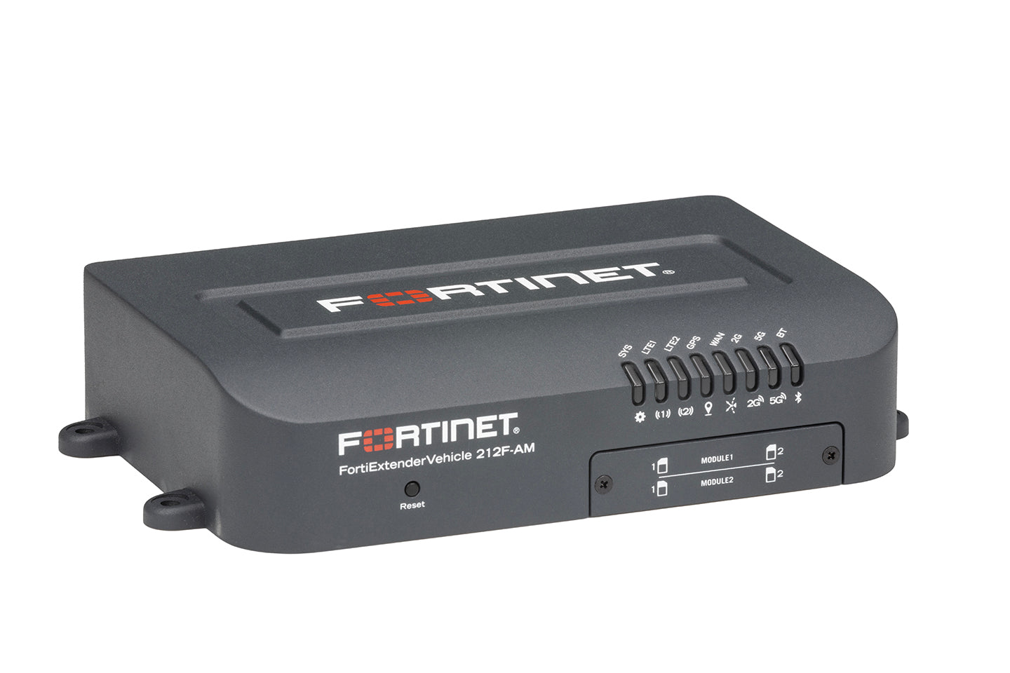 Black Fortinet FortiExtenderVehicle 212F-AM router with matte finish and ports