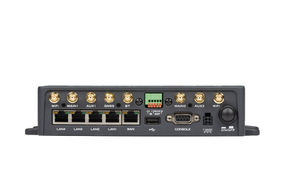 Fortinet FEV-212F-N FortiExtenderVehicle 212F router back with gold connectors and LAN WAN USB ports